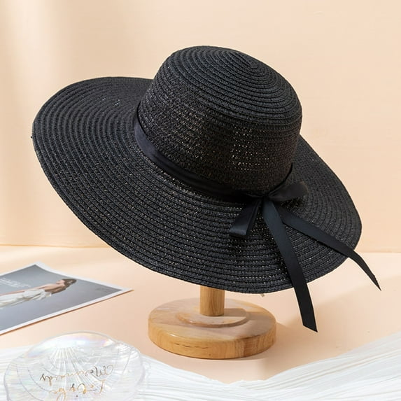 LEKODE Womens Straw Hat Packable Wide Brim Hats wide brim hats for women Shapeable Brim Travel Straw Cap Outdoor Hat Summer Beach Hats lightweight hat summer hat beach hat Ribbon Bow Black One Size