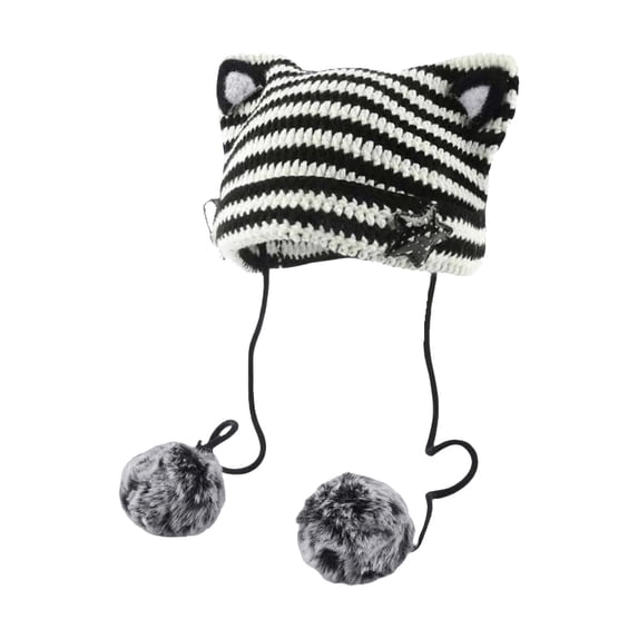LEKODE Womens Striped Crochet Cat Ear Trapper Beanie, Hand‑knit 3D Kitten Ear Winter Hat With Detachable Pom‑pom Tassels, Soft Warm Knitted Cap for Streetwear Daily Use Black One Size