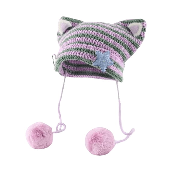 LEKODE Womens Striped Crochet Cat Ear Trapper Beanie, Hand‑knit 3D Kitten Ear Winter Hat With Detachable Pom‑pom Tassels, Soft Warm Knitted Cap for Streetwear Daily Use Purple One Size