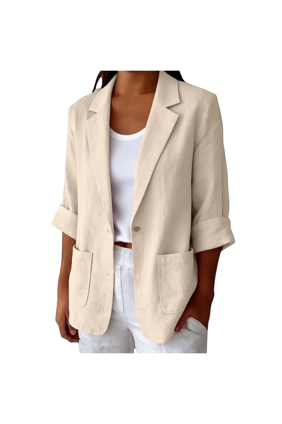 Womens Suit Jacket Summer Cardigan Open Front Casual Jackets with Pocket Work Office Suit Jackets Blazer Open Front Long Sleeve Chunky Knit Cardigan 3/4 Sleeve Beige M