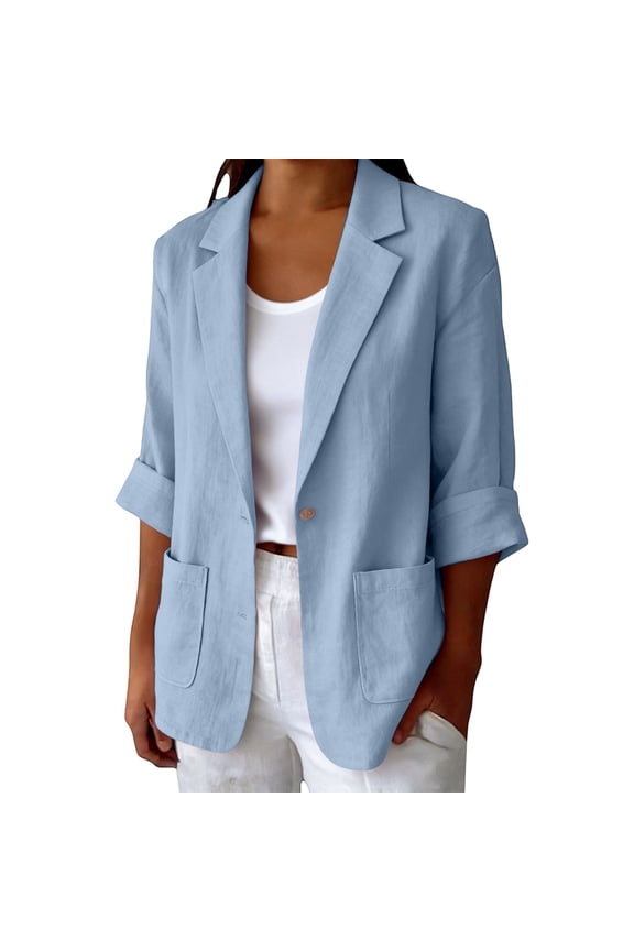 Womens Suit Jacket Utility Button Front Shirt Summer Blazer Open Front with Pocket 3/4 Sleeve Work Office Suit Jackets Blazer Long Sleeve Blue M