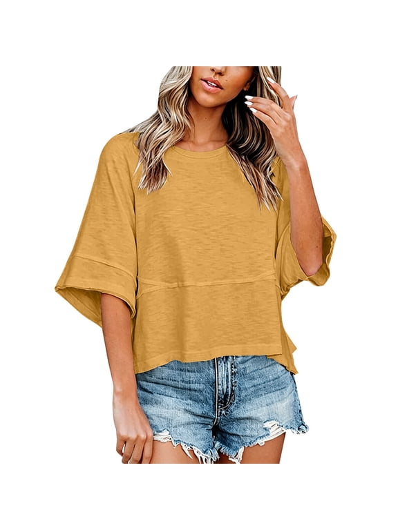 Womens Summer Blouse Breathable Shirts Boxy Tee Shirts Drop Shoulder Tops Peasant Blouses Casual Summer Solid Color Basic Tees Loose Tshirts for Women Yellow XL