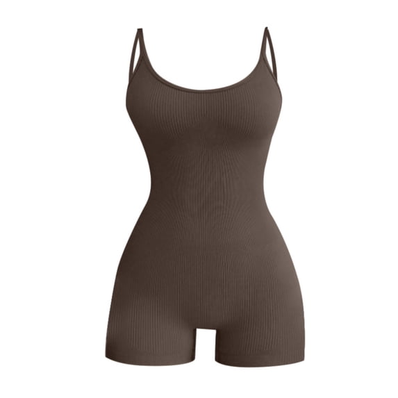 LEKODE Womens Summer Rompers Workout Jumpsuit Short Romper Comfy Rompers Casual Romper Spaghetti Strap Romper Yoga Outfits for Women Ribbed Unitard Stretch Summer Outfits for Women Coffee M