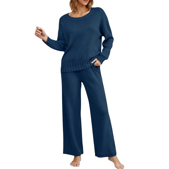 LEKODE Womens Sweat Set Two Piece Suits for Women Baggy Sweater Women Thermal Top Comfy Sets for Women Womens Tops Sweater Set Blue 2XL