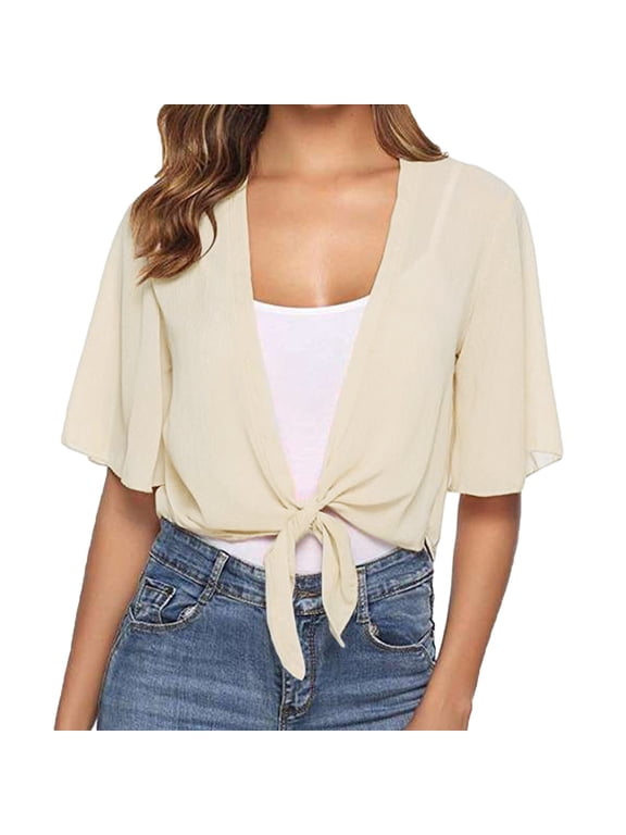 Womens Tie Front Short Sleeve Cropped Thin Chiffon Bolero Shrug Lightweight Summer Daily Dress Sun Protection Layering Cover Up Topper A Beige XL