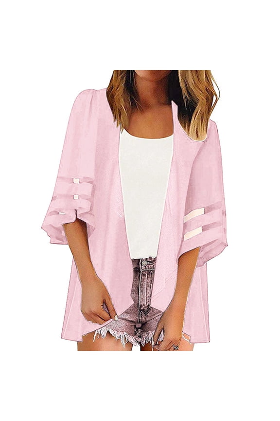 Womens Tiered Mesh Ruffle Cuff Open Front 3/4 Sleeve All Over Solid Chiffon Shrug Mid Thin Breathable Fabric Beach Daily Dress Layering Outer Top Pink M