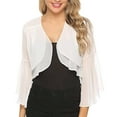 thumbnail image 1 of LEKODE Womens V Neck Open Front 3/4 Bell Ruffle Sleeve Thin Sheer Chiffon Cropped Bolero Shrug Lightweight Formal Wedding Evening Dress Layering Outer Cover Up Topper White S, 1 of 8