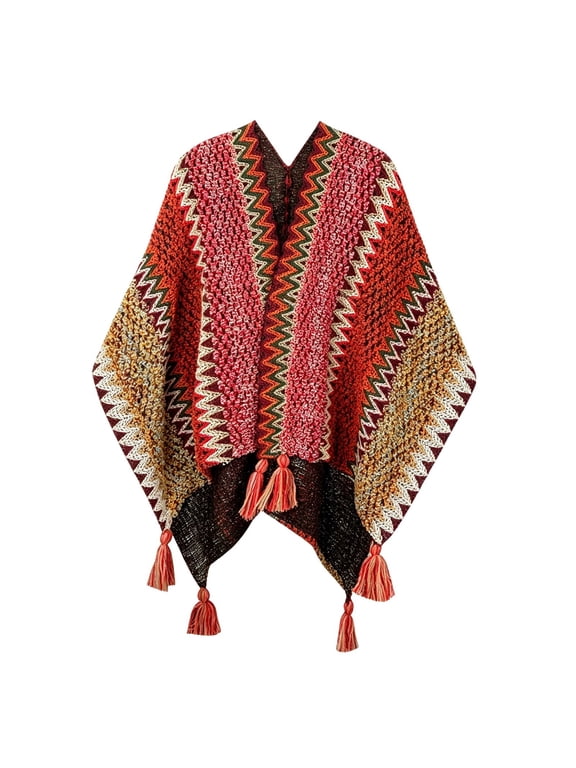Zigzag Strip Crochet Open Front Tassel Poncho Shawl Women Sleeveless Plain Multi Color Casual Vacation Outerwear Rose Gold One Size