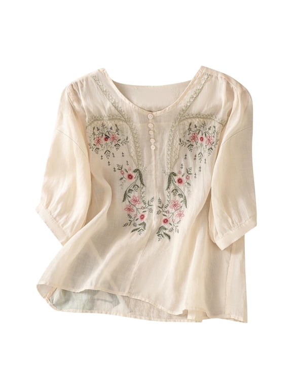 embroidered tops for women 3/4 Sleeve Summer Trendy embroidered tops for women Peasant Blouses for Women boho linen tops for women Boho Tops Gauze Blouses Floral Gauze Tunics Beige L