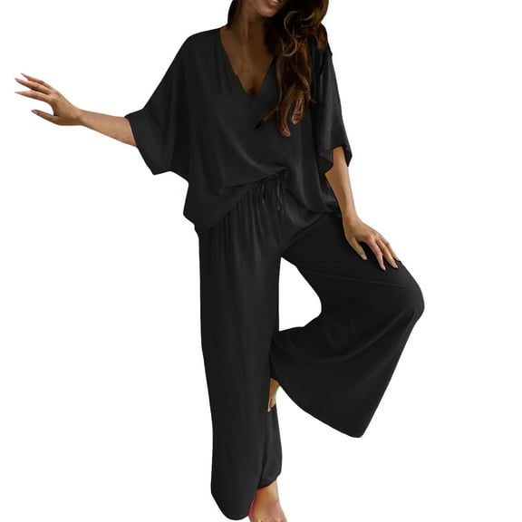 LEKODE linen set two piece sets for women summer lounge sets for women Sweatshirt Wide Leg Sweatpants women track suits 2 piece set Black L