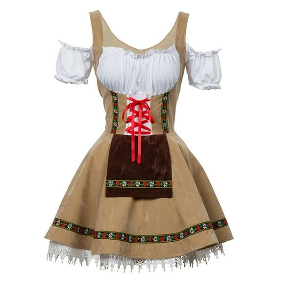 LEKODE oktoberfest outfits women dirndl dress Bavarian Dress tracht dress Germany Oktoberfest Womens Vintage Dress Short Sleeve Dress Stage Performance Dress Khaki 3XL