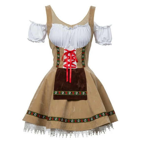 LEKODE oktoberfest outfits women dirndl dress Bavarian Dress tracht dress Germany Oktoberfest Womens Vintage Dress Short Sleeve Dress Stage Performance Dress Khaki 3XL