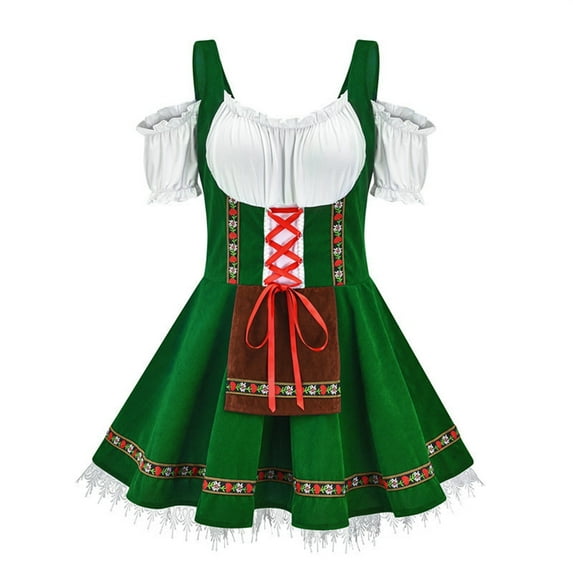 LEKODE oktoberfest outfits women dirndl dress Bavarian Dress tracht dress Germany Oktoberfest Womens Vintage Dress Short Sleeve Dress Stage Performance Dress Green L