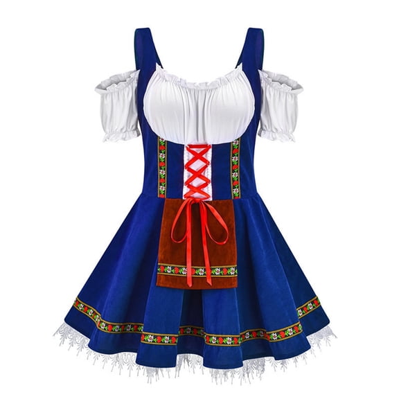 LEKODE oktoberfest outfits women dirndl dress Bavarian Dress tracht dress Germany Oktoberfest Womens Vintage Dress Short Sleeve Dress Stage Performance Dress Blue XL