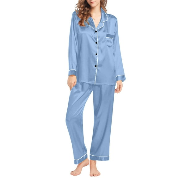 LEKODE pajamas for women set silk pajamas for women satin pajama set for women Button Down Sleepwear christmas pajamas Light Blue M