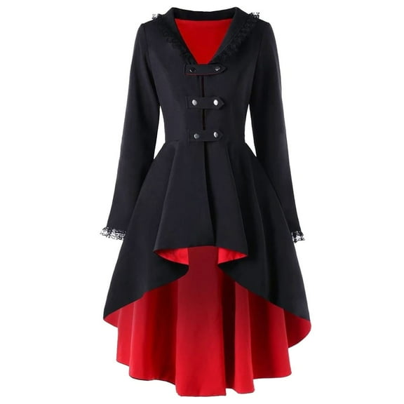 LEKODE steampunk costume for woman vintage jacket Pirate Jacket Gothic Tailcoat Women Casual Irregular Top Outwear Long Sleeve Lace Splice Formal Coat Red S