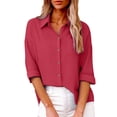 thumbnail image 1 of LEKODE womens linen tops Dressy Casual daily commute womens short sleeve button down shirts lomon 3/4 length sleeve womens tops linen button down shirt women V-neck Button-down front Red 3XL, 1 of 9