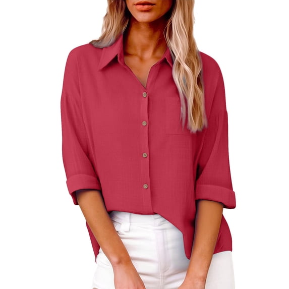 LEKODE womens linen tops Dressy Casual daily commute womens short sleeve button down shirts lomon 3/4 length sleeve womens tops linen button down shirt women V-neck Button-down front Red 3XL