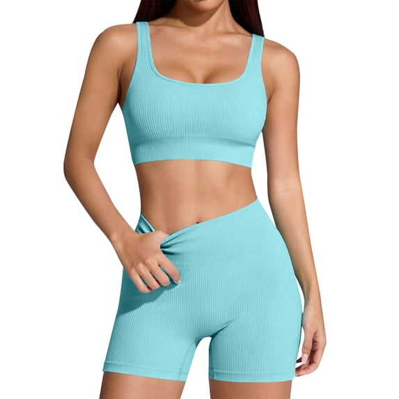 LEKODE workout set for women set clothes for women shorts sets 2 piece outfits Yoga Outfits comfort and supportive G Light Blue XL