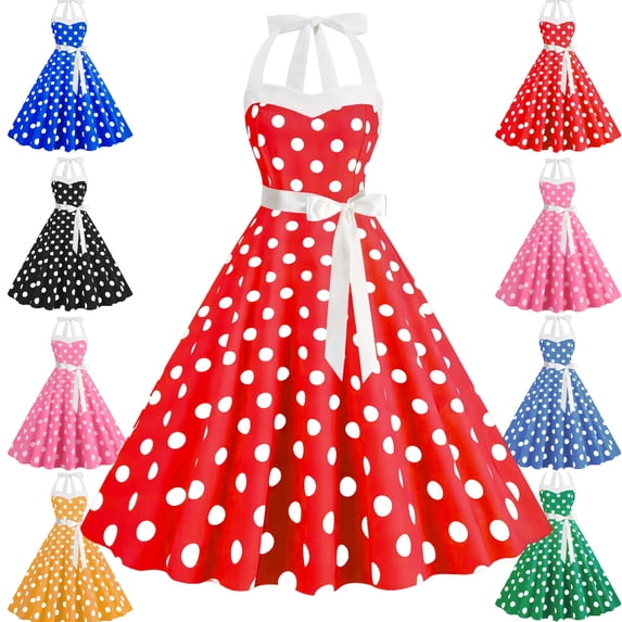 LEKWK 1950S Dresses for Women Vintage Polka-Dot Halter Dress Cocktail Party Fit-and-Flare Dress A Line Prom Pin up Costume Hepburn Style Elegant Attire