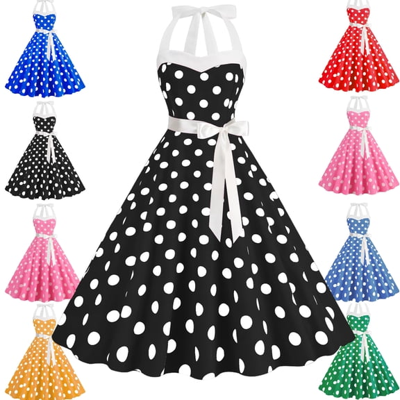 LEKWK 1950S Dresses for Women Vintage Polka-Dot Halter Dress Cocktail Party Fit-and-Flare Dress A Line Prom Pin up Costume Hepburn Style Elegant Attire