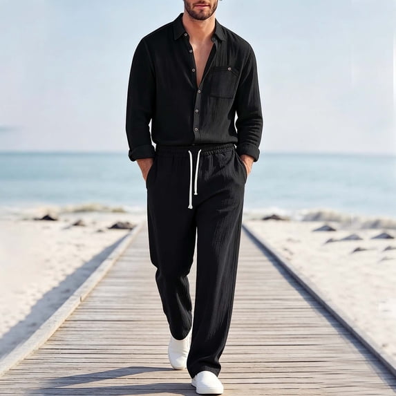 LEKWK 2 Piece Casual Set for Men Long Sleeve Button Down Shirt and Drawstring Pants Lightweight Breathable Sleepwear Summer Casual Lounge Outfit Black M