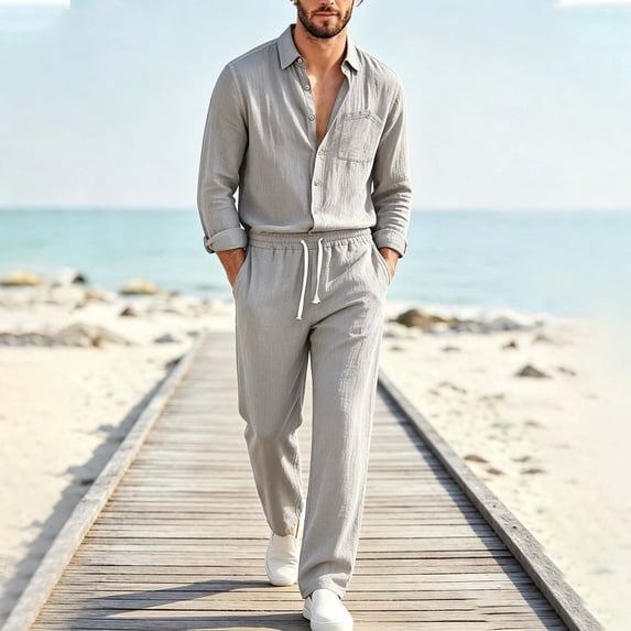 LEKWK 2 Piece Casual Set for Men Long Sleeve Button Down Shirt and Drawstring Pants Lightweight Breathable Sleepwear Summer Casual Lounge Outfit Gray S