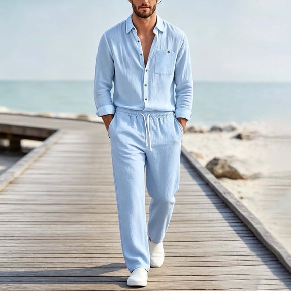 LEKWK 2 Piece Casual Set for Men Long Sleeve Button Down Shirt and Drawstring Pants Lightweight Breathable Sleepwear Summer Casual Lounge Outfit Sky Blue M