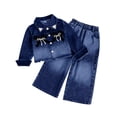 thumbnail image 1 of LEKWK 2-Piece Denim Set for Little Girls Gradient Wash Jean Jacket Rhinestone Bow Pocket Wide Leg Jeans Edgy Fashion Outfit Fall Trendy Stylish, 1 of 6