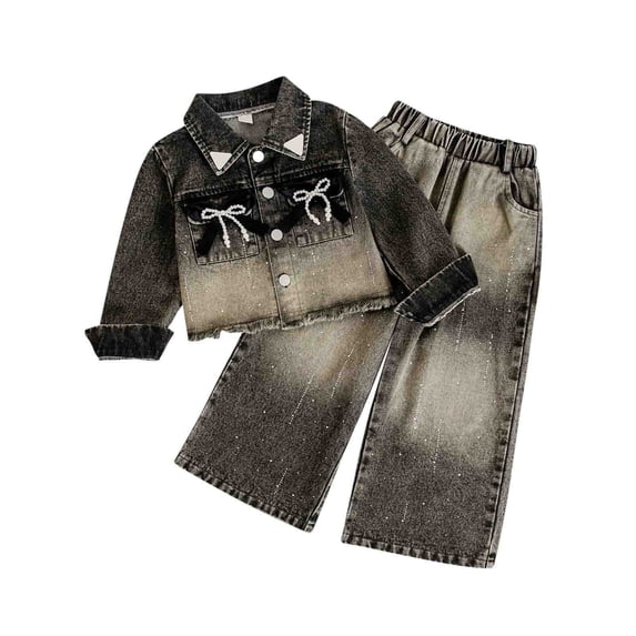 LEKWK 2-Piece Denim Set for Little Girls Gradient Wash Jean Jacket Rhinestone Bow Pocket Wide Leg Jeans Edgy Fashion Outfit Fall Trendy Stylish