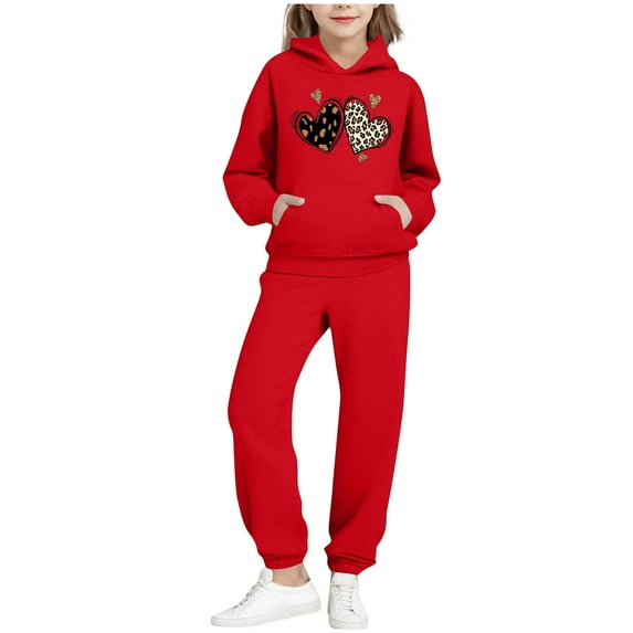 LEKWK 2-Piece Hoodie Set for Little Girls Long Sleeve Leopard Heart Print Pullover Sweatpants Joggers Activewear Tracksuit Fall Winter Warm Outfit