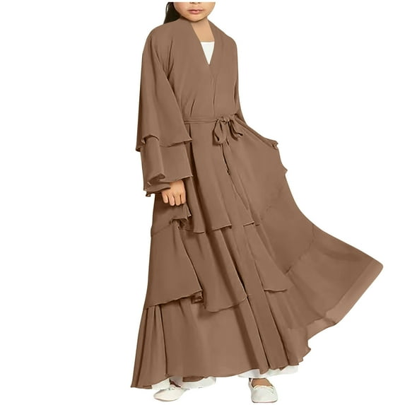 LEKWK 2-Piece Muslim Abaya Set for Girls Long Sleeve Layered Ruffle Dress Matching Headscarf Islamic Prayer Clothes Modest Maxi Robe Holiday
