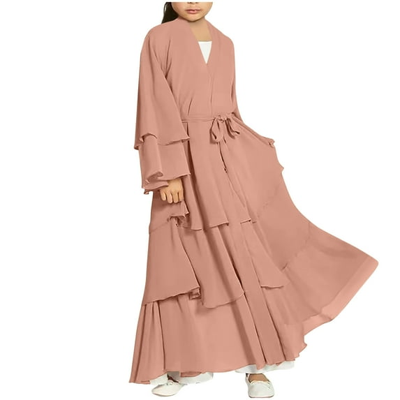 LEKWK 2-Piece Muslim Abaya Set for Girls Long Sleeve Layered Ruffle Dress Matching Headscarf Islamic Prayer Clothes Modest Maxi Robe Holiday