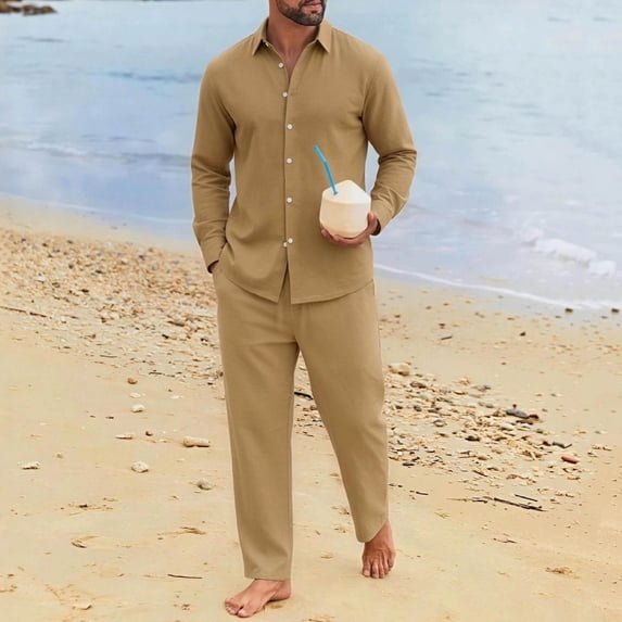 LEKWK 2 Piece Pajama Set for Men Long Sleeve Button Down Shirt and Drawstring Pants Lightweight Breathable Sleepwear Summer Casual Lounge Outfit Khaki XL