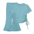 thumbnail image 1 of LEKWK 2-Piece Ribbed Lounge Set for Little Girls Short Sleeve Ruched Side Drawstring Top Flared Pants Solid Casual Outfit Summer Daily Soft Cozy, 1 of 5