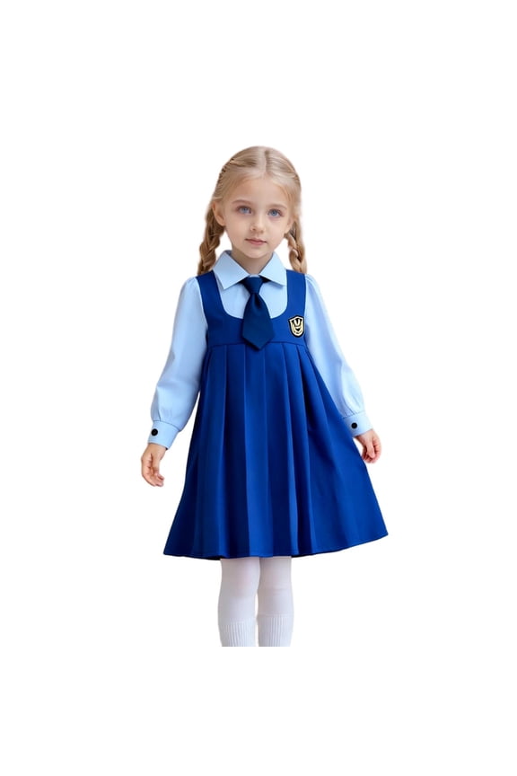 2-Piece School Uniform Set for Little Girls Long Sleeve Shirt Tie Pleated Pinafore Dress Crest Patch formal Academy Outfit