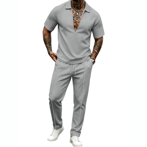 LEKWK 2 Piece Set for Men Deep V Neck Short Sleeve Loose Fit Tops and Drawstring Straight Leg Pants Summer Fashion Casual Solid Travel Daily Outfits
