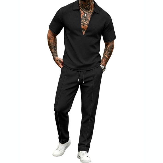 LEKWK 2 Piece Set for Men Deep V Neck Short Sleeve Loose Fit Tops and Drawstring Straight Leg Pants Summer Fashion Casual Solid Travel Daily Outfits