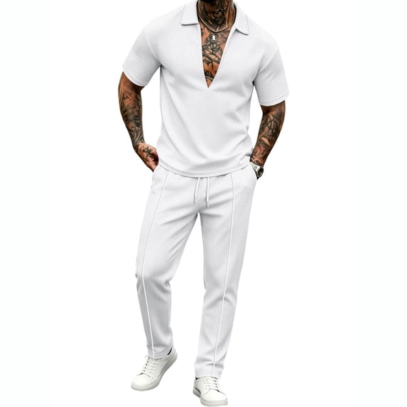 LEKWK 2 Piece Set for Men Deep V Neck Short Sleeve Loose Fit Tops and Drawstring Straight Leg Pants Summer Fashion Casual Solid Travel Daily Outfits