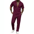 thumbnail image 1 of LEKWK 2 Piece Set for Men Deep V Neck Short Sleeve Loose Fit Tops and Drawstring Straight Leg Pants Summer Fashion Casual Solid Travel Daily Outfits, 1 of 6