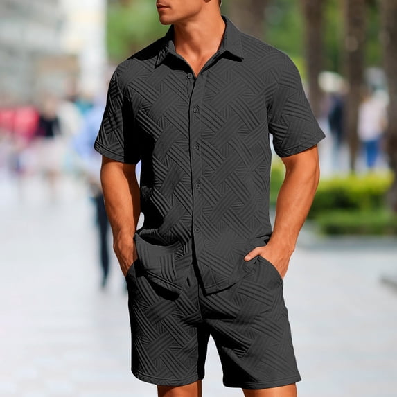 LEKWK 2 Piece Set for Men Loose Fit Solid Textured Beach Vacation Summer Outfits Button Down Short Sleeve Collared Tops and Elastic Waist Shorts