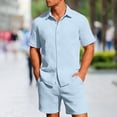 thumbnail image 1 of LEKWK 2 Piece Set for Men Loose Fit Solid Textured Beach Vacation Summer Outfits Button Down Short Sleeve Collared Tops and Elastic Waist Shorts, 1 of 5
