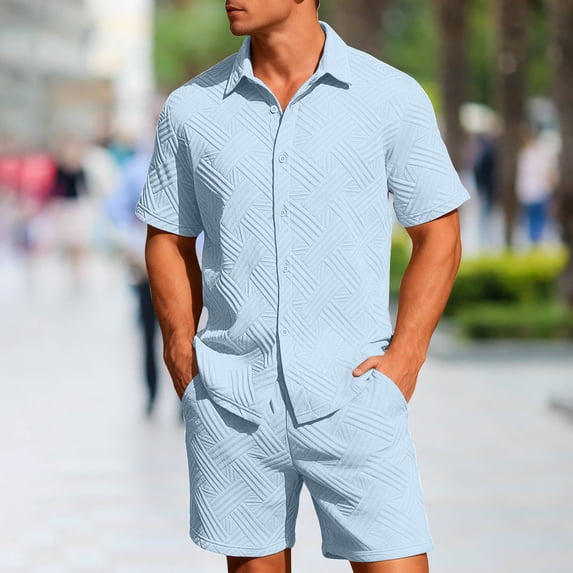 LEKWK 2 Piece Set for Men Loose Fit Solid Textured Beach Vacation Summer Outfits Button Down Short Sleeve Collared Tops and Elastic Waist Shorts