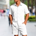 thumbnail image 1 of LEKWK 2 Piece Set for Men Loose Fit Solid Textured Beach Vacation Summer Outfits Button Down Short Sleeve Collared Tops and Elastic Waist Shorts, 1 of 5
