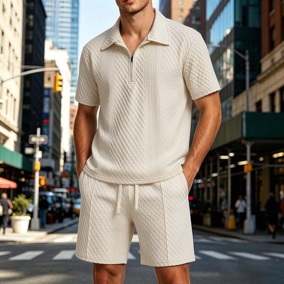LEKWK 2 Piece Set for Men Loose Fit Solid Textured Beach Vacation Summer Outfits Short Sleeve Collared Zipper Tops and Drawstring Shorts