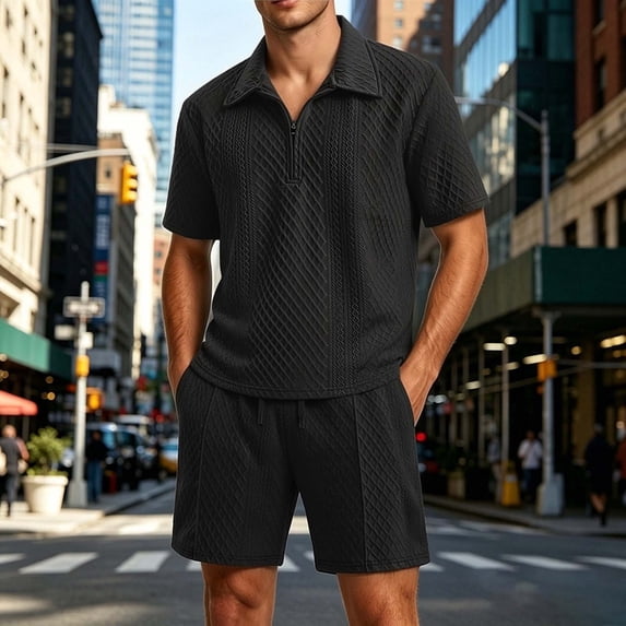 LEKWK 2 Piece Set for Men Loose Fit Solid Textured Beach Vacation Summer Outfits Short Sleeve Collared Zipper Tops and Drawstring Shorts