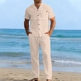 thumbnail image 1 of LEKWK 2 Piece Set for Men Short Sleeve Button Down Collared Tops and Straight Leg Pants Comfy Solid Summer Fashion Beach Vacation Casual Outfits, 1 of 8