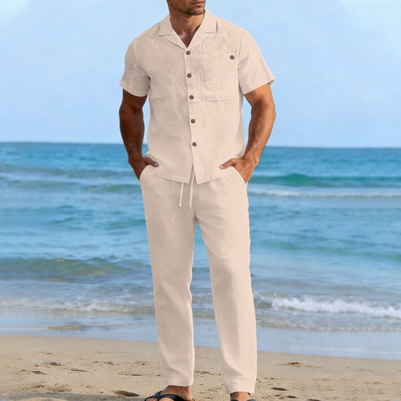 LEKWK 2 Piece Set for Men Short Sleeve Button Down Collared Tops and Straight Leg Pants Comfy Solid Summer Fashion Beach Vacation Casual Outfits