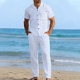 thumbnail image 1 of LEKWK 2 Piece Set for Men Short Sleeve Button Down Collared Tops and Straight Leg Pants Comfy Solid Summer Fashion Beach Vacation Casual Outfits, 1 of 8