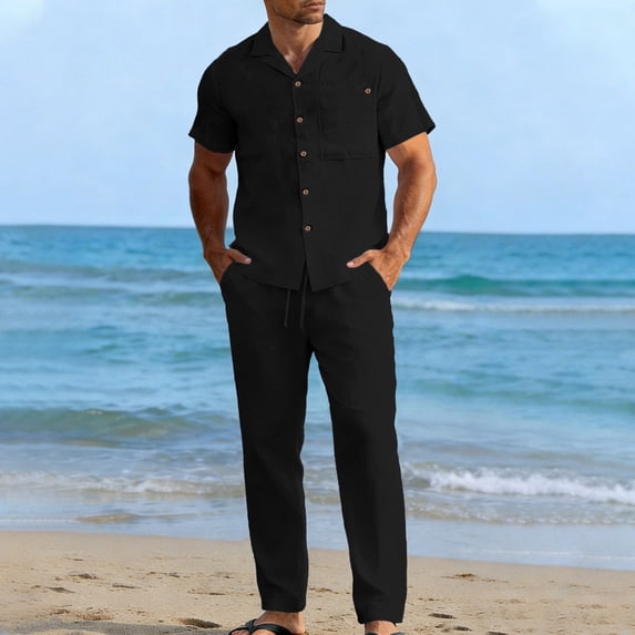 LEKWK 2 Piece Set for Men Short Sleeve Button Down Collared Tops and Straight Leg Pants Comfy Solid Summer Fashion Beach Vacation Casual Outfits